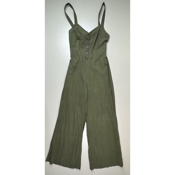 URBAN OUTFITTERS Wide Leg Linen Jumpsuit S Olive Green Tie Back Vest Fit Boho - Picture 3 of 16